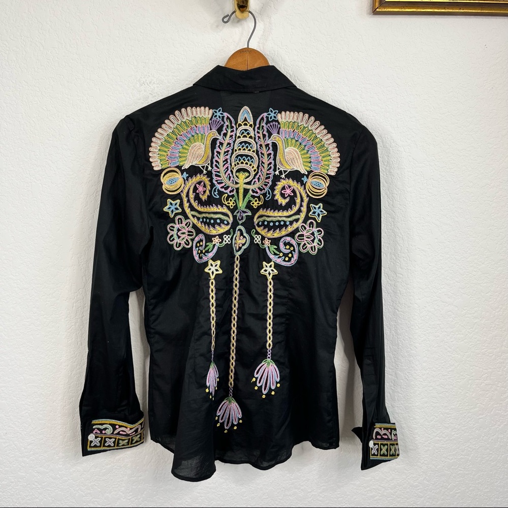 Johnny Was Embroidered Peacock Button Front Top
